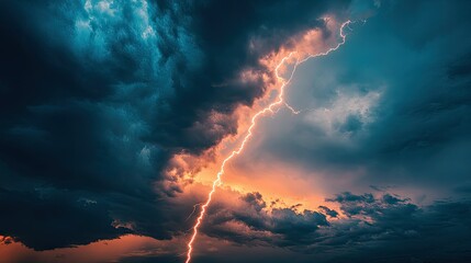 Fototapeta premium A dramatic lightning bolt reaching from the clouds to the ground during a thunderstorm, with the bolt's jagged path clearly visible.