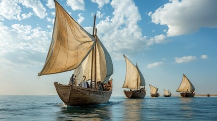 Fototapeta premium A fleet of dhows sailing together, their wooden structures and large sails a testament to Arabic maritime traditions.