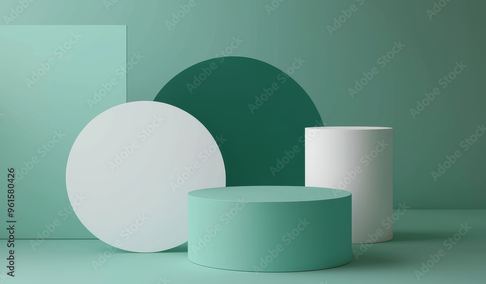 Poster this is a stylized rendering of a minimalist scene with a podium and abstract background in pastel b