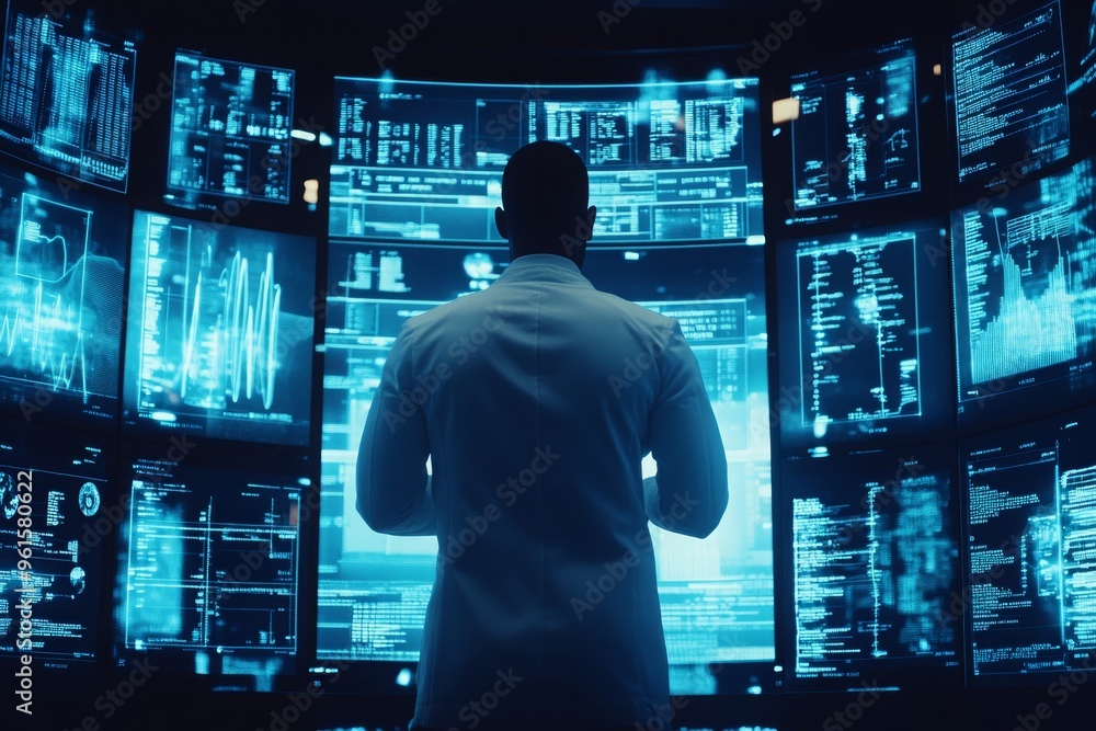 Aufkleber man in a white lab coat stands before a wall of computer screens