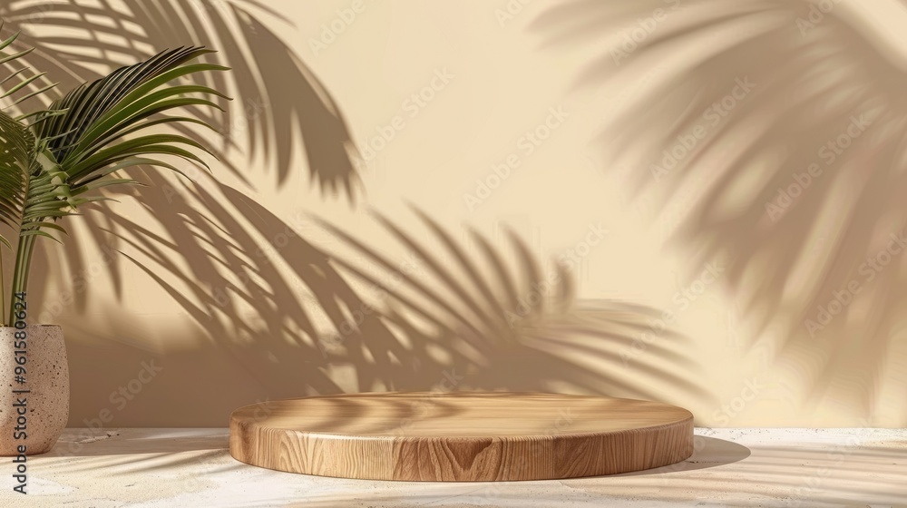 Sticker Wooden podium on abstract beige and brown backdrop with palm leaves shadow for product display.