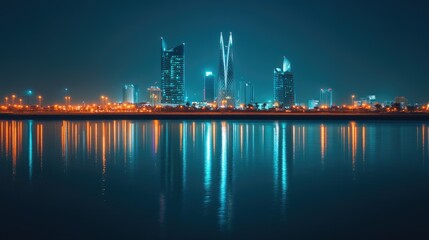 A nighttime view of the Four Seasons and Hilton Hotels in Manama, Bahrain, their lights shining brightly against the dark sky.