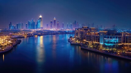 A panoramic night view of Festival City in Dubai, with the Hotel Crowne Plaza and Hotel Intercontinental lit up along the skyline.
