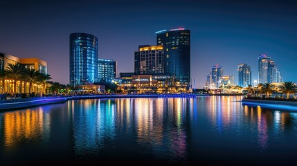 Naklejka premium A panoramic night view of Festival City in Dubai, with the Hotel Crowne Plaza and Hotel Intercontinental lit up along the skyline.