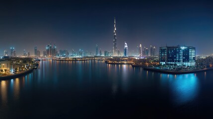 Naklejka premium A panoramic night view of Festival City in Dubai, with the Hotel Crowne Plaza and Hotel Intercontinental lit up along the skyline.