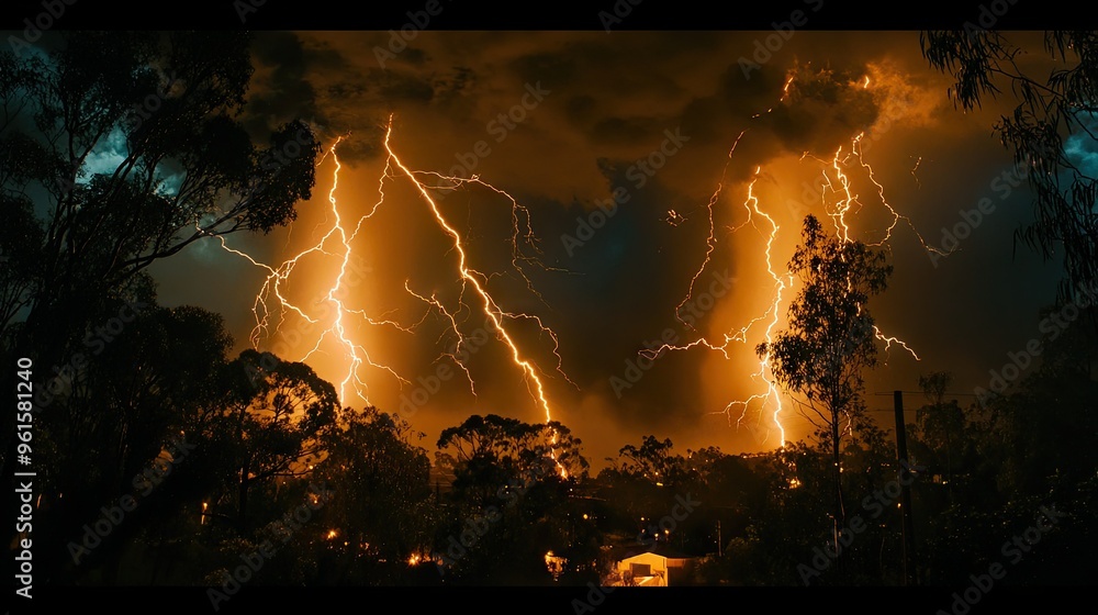Poster a series of lightning bolts lighting up the night sky, creating a mesmerizing display of natural pow
