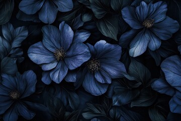elegant dark blue flowers with lush green leaves in a moody botanical composition dark background