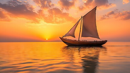 A traditional Arabic wooden dhow sailing on calm waters at sunset, used for fishing and pearl diving, reflecting the rich maritime heritage.