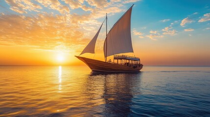 A traditional Arabic wooden dhow sailing on calm waters at sunset, used for fishing and pearl diving, reflecting the rich maritime heritage.