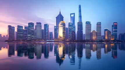 Fototapeta premium City skyline at dusk with glowing skyscrapers reflecting on a calm river, urban glowtime, serene and modern.