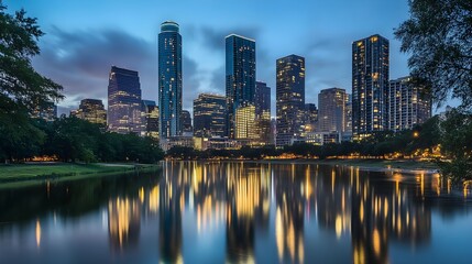 City skyline at dusk with glowing skyscrapers reflecting on a calm river, urban glowtime, serene and modern.