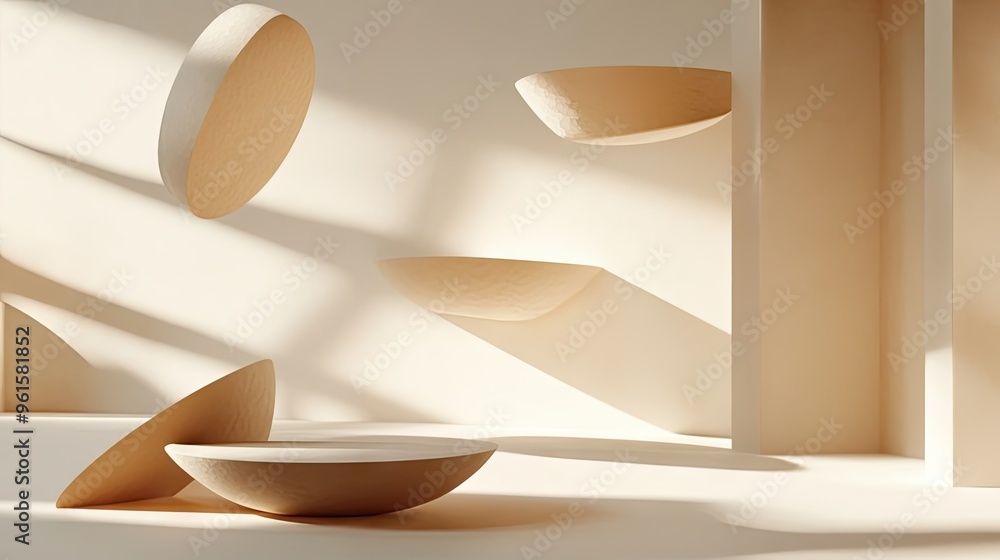 Poster abstract 3d background featuring floating geometric shapes with shadows, creating a sense of lightne