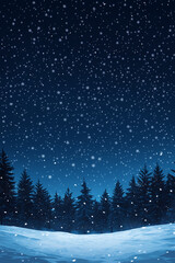 winter night landscape in snowy pine forest with starry sky