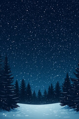 winter night landscape in snowy pine forest with starry sky