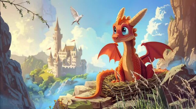 A playful baby dragon perched in a nest with a majestic castle and beautiful fantasy landscape in the background. 