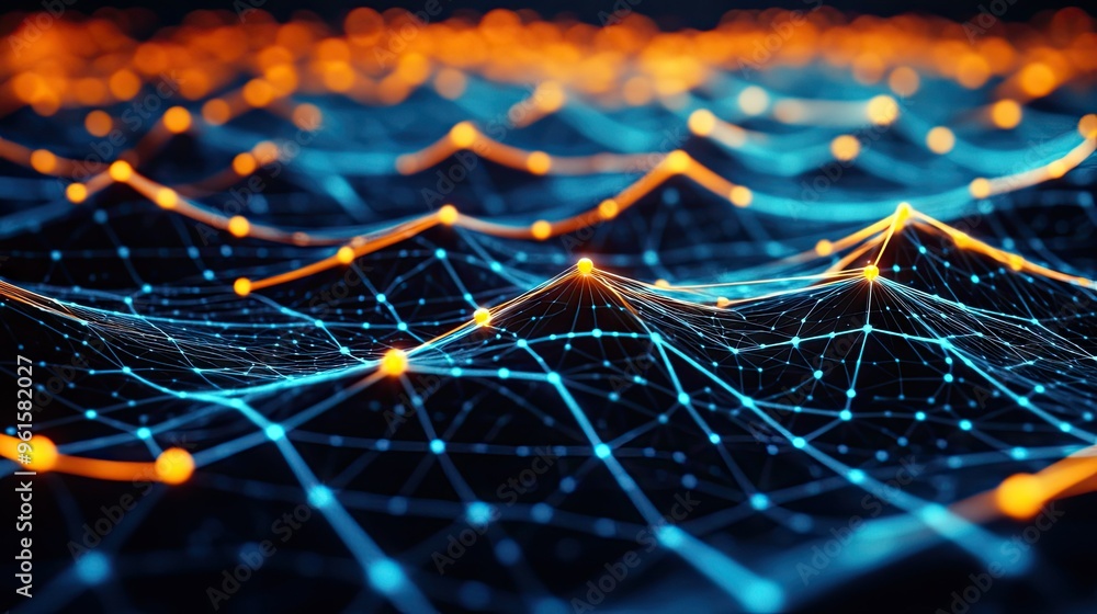 Poster abstract 3d background with a mesh of interconnected nodes and lines, representing data and technolo