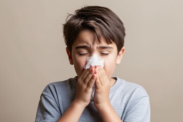 Child with Cold Symptoms and Allergies Blowing Nose Against Plain Background
