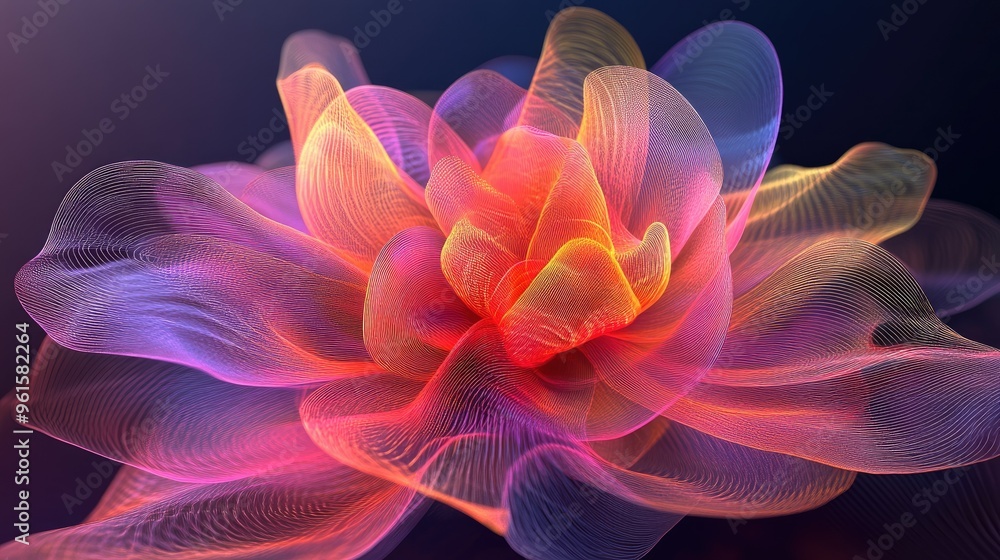 Poster abstract 3d design of a surreal flower with wavy biological lines and transparent materials in vibra