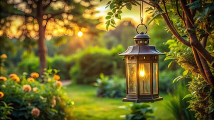 Vintage lantern hanging in tranquil garden at sunset amidst lush green foliage