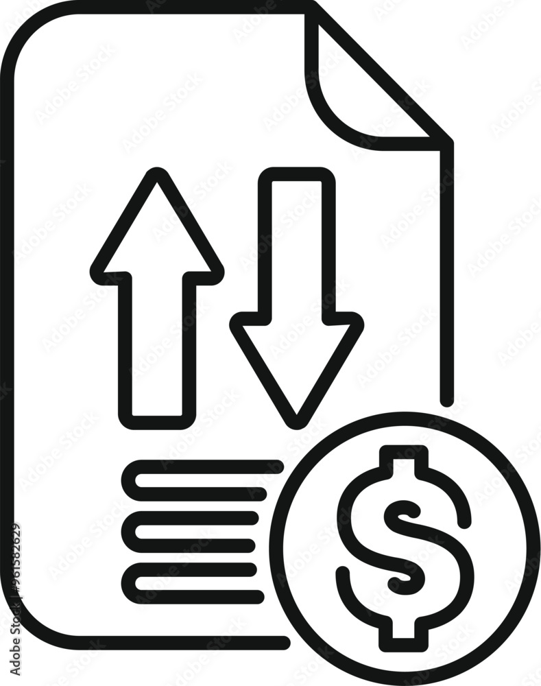 Poster line art icon of a document showing market volatility with up and down arrows and a dollar coin