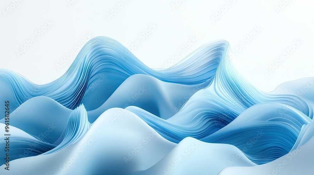 Poster abstract 3d waves in varying shades of blue on a white background, creating a dynamic visual for fly