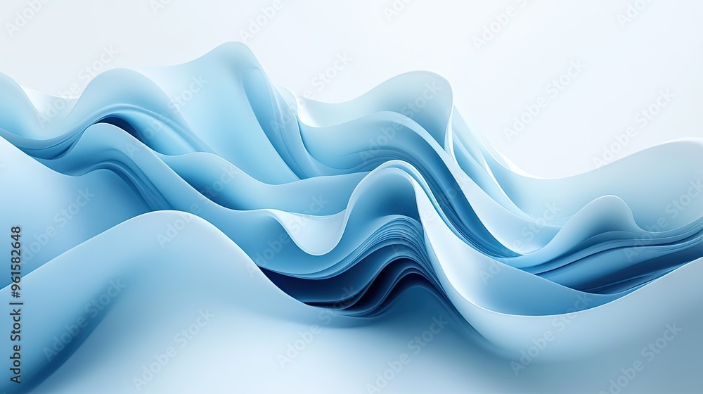 Poster abstract 3d waves in varying shades of blue on a white background, creating a dynamic visual for fly