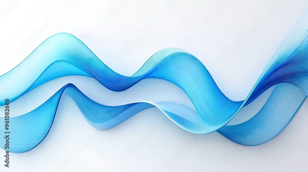 Poster abstract 3d waves in varying shades of blue on a white background, creating a dynamic visual for fly