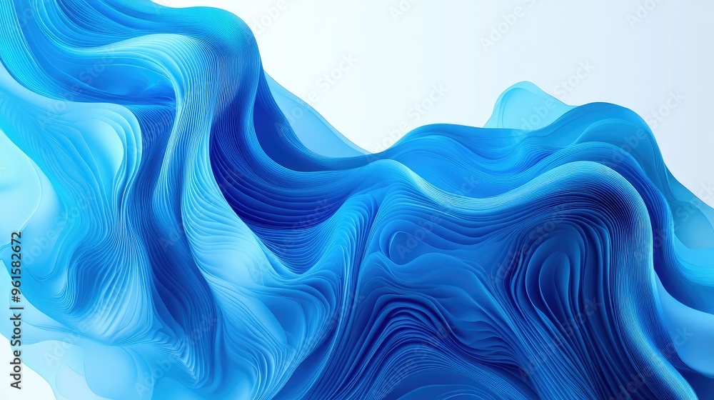 Poster abstract 3d waves in varying shades of blue on a white background, creating a dynamic visual for fly