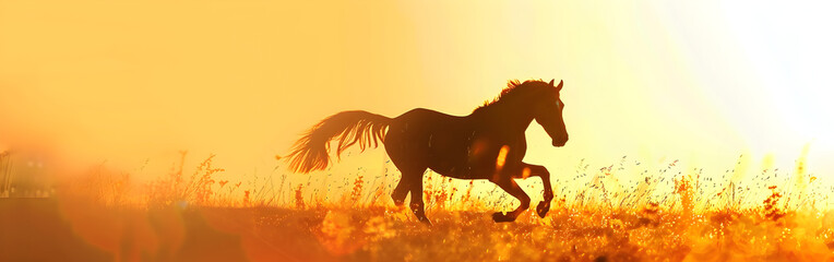 Horse Running on Sunlit Sand Dune with sun light in the background
