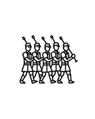 Editable stroke vector illustration of a parade with five bagpipers in a line walking.