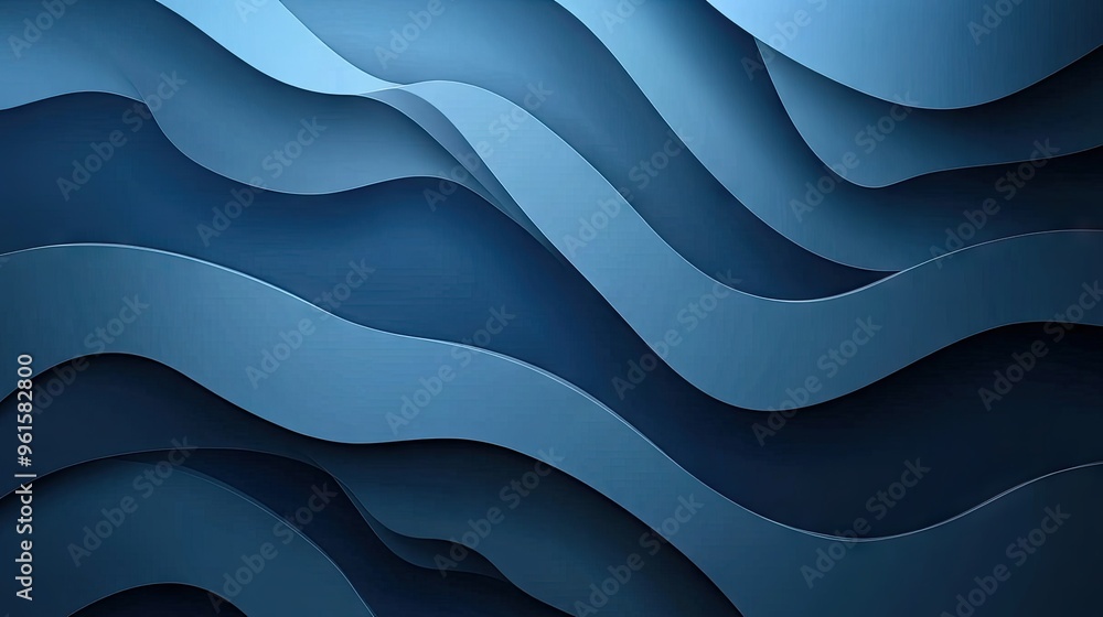 Poster abstract blue background with overlapping wave shapes, blending light and dark hues for a modern and