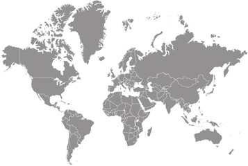 Detailed World map grey color on white background