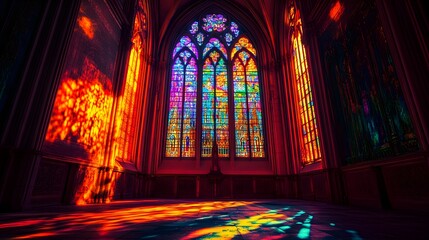 Obraz premium Glowing stained glass windows in a dark cathedral, capturing the light in vibrant colors, sacred glowtime, spiritual and majestic.
