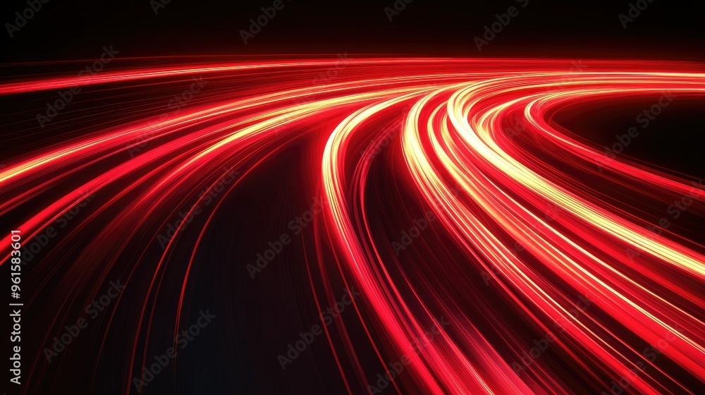 Poster abstract red light trails forming dynamic curves and swift motion on a black background. modern vect