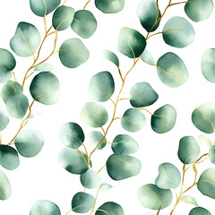 Seamless pattern featuring eucalyptus leaves with soft green hues and golden accents, perfect for elegant and natural-themed designs