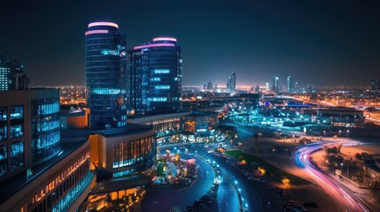 Obraz premium Beautiful night view of Festival City in Dubai, highlighting the Hotel Crowne Plaza and Hotel Intercontinental, with vibrant city lights.