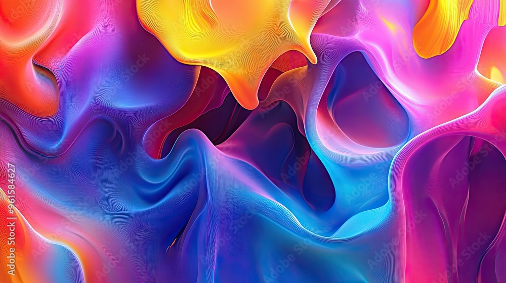 Poster bold and dynamic 3d fluid shapes in a colorful abstract design, with vibrant hues blending and flowi