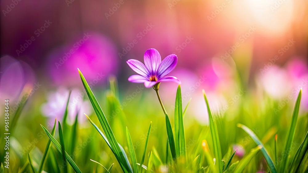 Wall mural Close-up shot of a small purple flower on a blade of grass, with a blur of pink blooms in the background