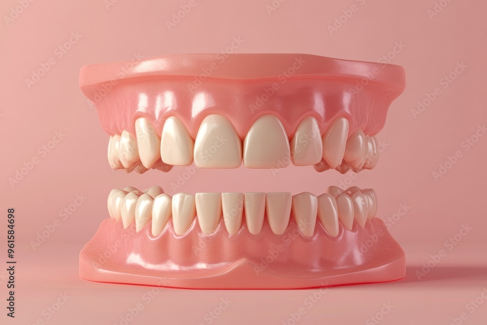 Poster a realistic 3d rendering of human teeth, displayed in an upper and lower jaw setup