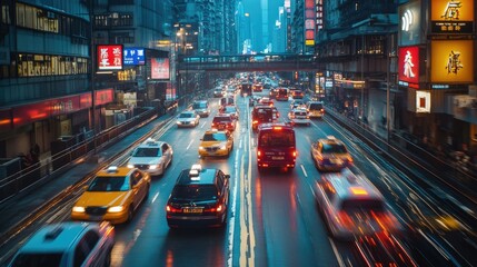 Blurry view of bustling downtown traffic in Hong Kong, featuring prominent Chinese characters and road markings.