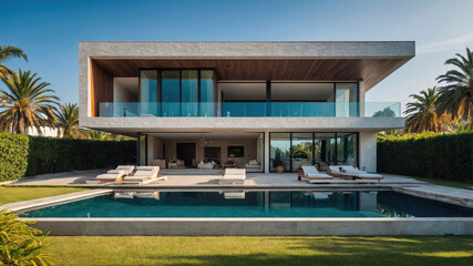 Fototapeta premium residential architecture exterior of a modern minimalist luxury cube house complete with swimming pool and palm trees
