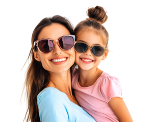 Charming Mom and Young Daughter in Sunglasses Playfully Posing Together, Isolated on a Transparent PNG Background