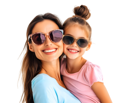 Charming Mom and Young Daughter in Sunglasses Playfully Posing Together, Isolated on a Transparent PNG Background   