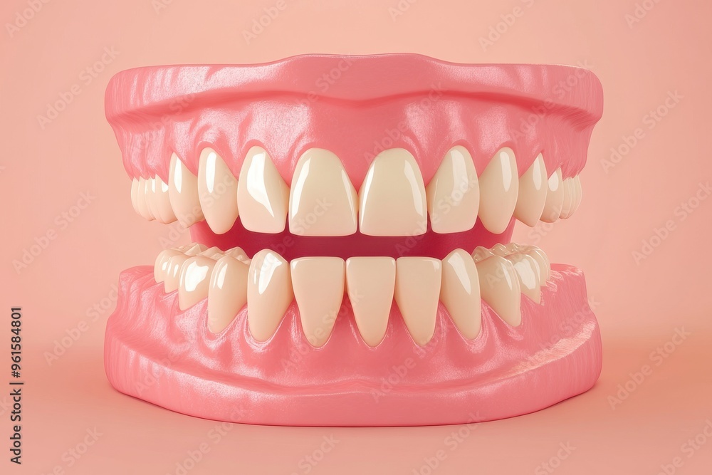 Poster a realistic 3d rendering of human teeth, displayed in an upper and lower jaw setup