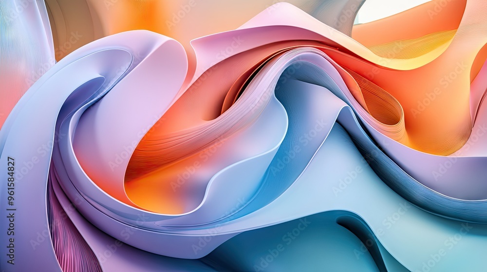 Poster bright, fluid 3d shapes in swirling patterns, with a mix of warm and cool colors creating a balanced