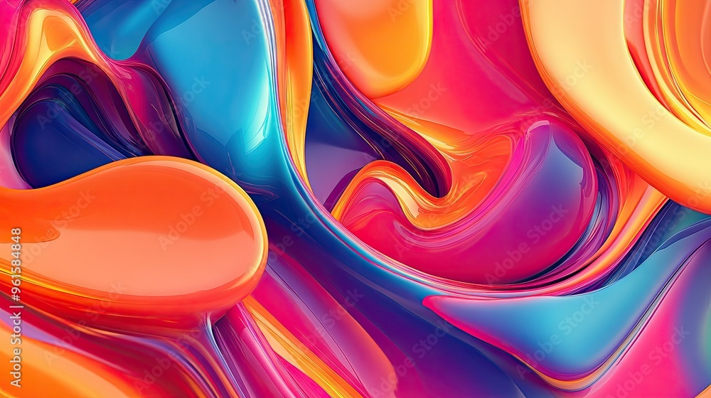 Poster bright, fluid 3d shapes in swirling patterns, with a mix of warm and cool colors creating a balanced
