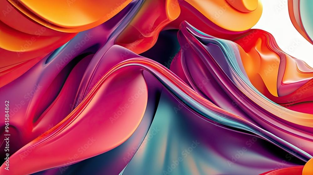 Poster bright, fluid 3d shapes in swirling patterns, with a mix of warm and cool colors creating a balanced