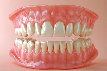 Obraz premium A realistic 3D rendering of human teeth, displayed in an upper and lower jaw setup