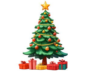 Christmas Tree with Gifts: A Festive Composition in Cartoon Style, Transparent PNG  
