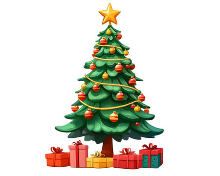 Christmas Tree with Gifts: A Festive Composition in Cartoon Style, Transparent PNG  